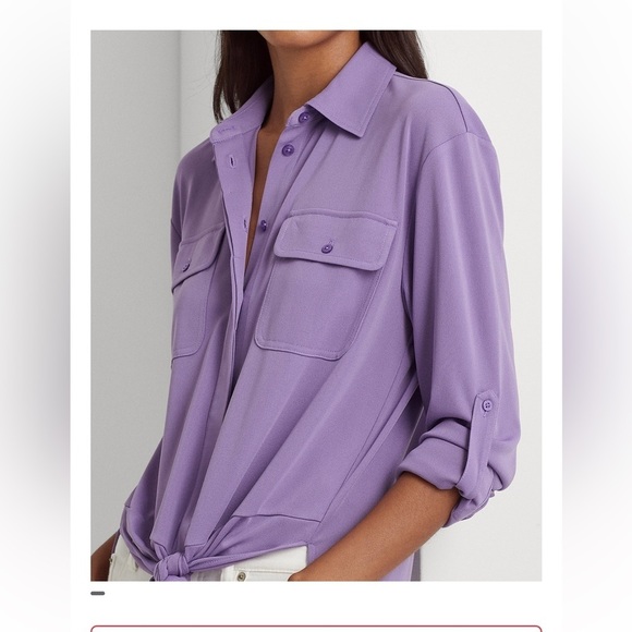 Lauren Ralph Lauren Women's Tie-Front Stretch Jersey Shirt NWT Large - Picture 4 of 9